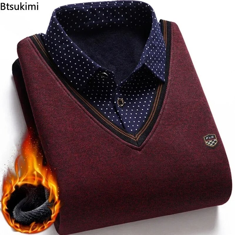 New 2024 Autumn Winter Men's Wool Shirt-Neck Sweater Fashionable Plaid Solid Thickened Warm Fleece High Quality Versatile Casual