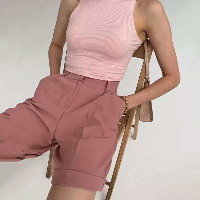 Women's Trousers Flanging with Pockets, Zipper Buttons, Solid Color Fashion Casual Women's Shorts, Fashion Street Shooting 2024