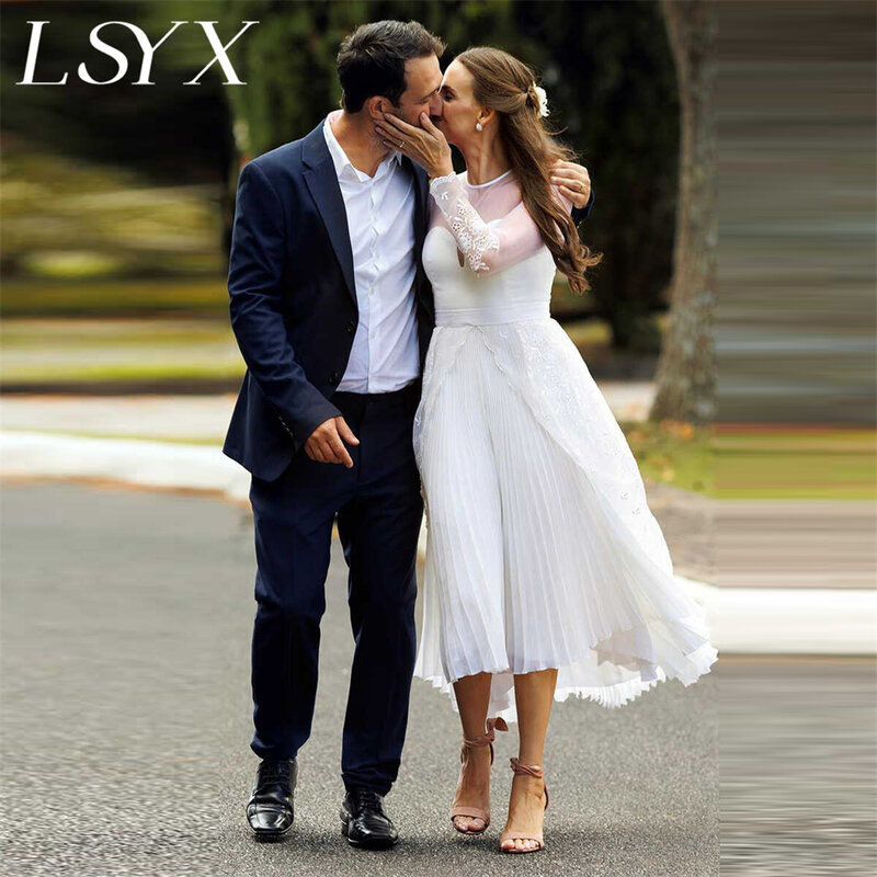 فستان زفاف بأكمام طويلة من LSYX-Illusion للنساء ، برقبة دائرية ، على شكل حرف a ، دانتيل ، ثنيات ، زر خلفي ، متوسط الطول ، مصنوع حسب الطلب ، فستان زفاف