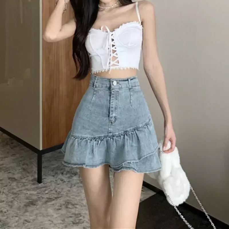 Denim Skirts Women Mini A-line Irregular Ruffles All-match Korean Fashion Hotsweet Girlish Sweet Age-reducing Y2k Chic Stylish
