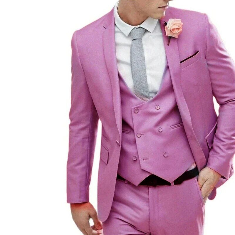 Men Suit 3 Pieces Business Leisure Flat Collar Single Row Two Button Groom Best Man Wedding Banquet Tuxedo Jacket Vest Pants