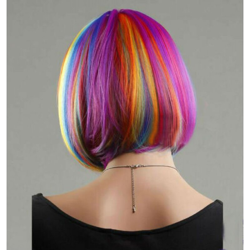 Women Wig Short Multicolor Rainbow Straight Ladies Party Hair Full Wig