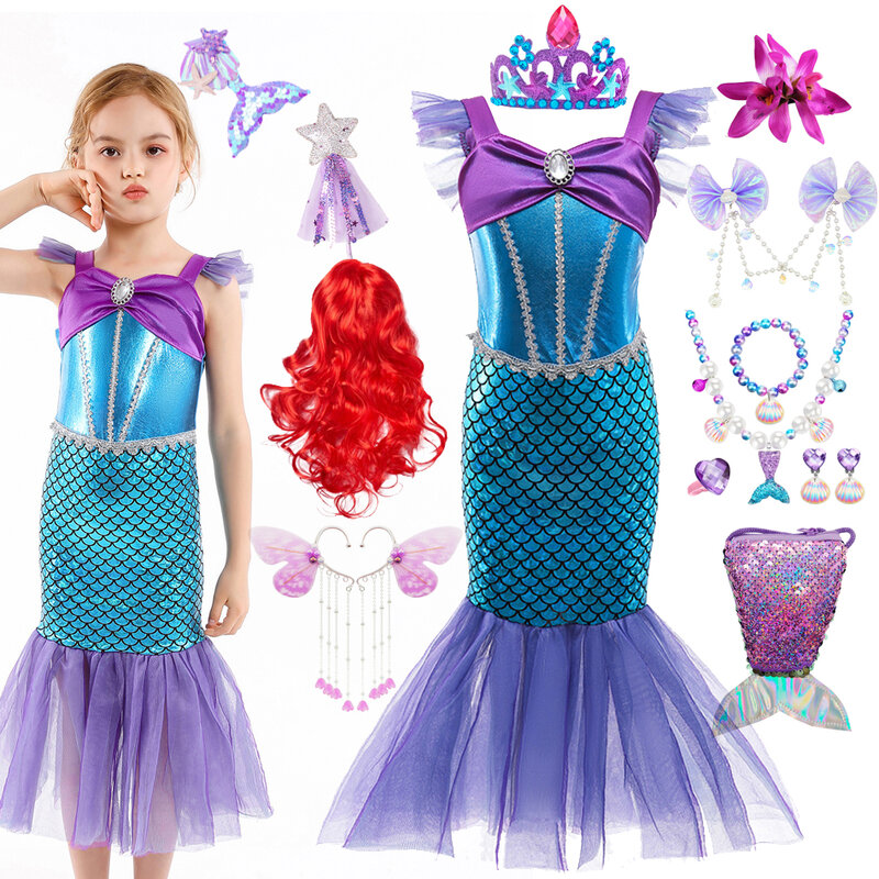 Детское платье для косплея Ариэль, Русалочка для девочек, аксессуары для Хэллоуина, дня рождения
