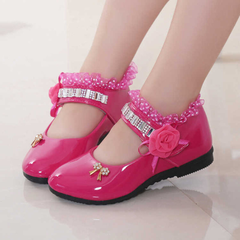 Zapato de cuero PU con encaje de princesa para niños, zapato de flores para niñas, con lazo, diamantes de imitación, for3-11 años, primavera y otoño, 2023
