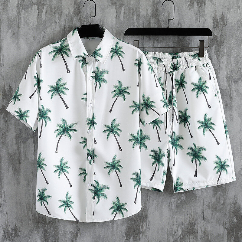 Summer Men's Quick Dry Hawaiian Beach 2 Piece Set Casual Loose Shirt And Shorts Printed Tracksuit Men Outfits Clothes