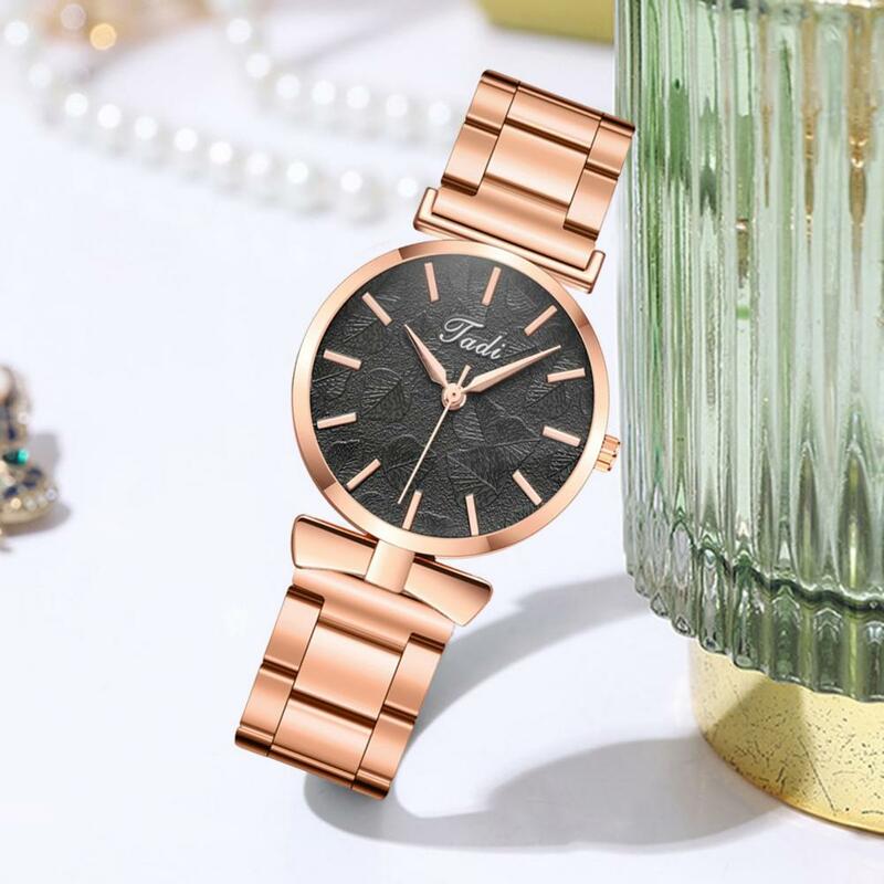Reloj elegante de acero inoxidable para mujer, reloj de cuarzo con esfera de patrón de hoja, reloj de alta precisión para citas de uso diario
