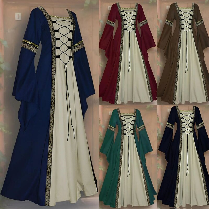 Costumes de la Renaissance médiévale pour femmes, robe à lacets irlandaise sur des robes longues, cosplay rétro, Halloween, carnaval, démon trempé