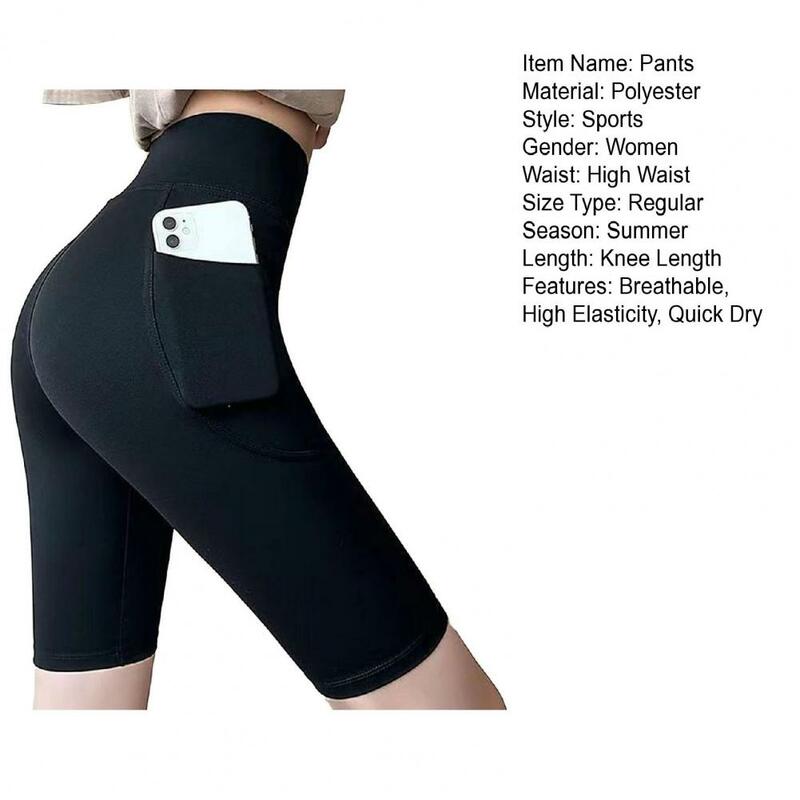 Leggings High Waist Elasticity Phone Pockets Workout Sweat Absorption Jogging Gym Yoga Pants Lady Clothes Fitness Slim Shorts