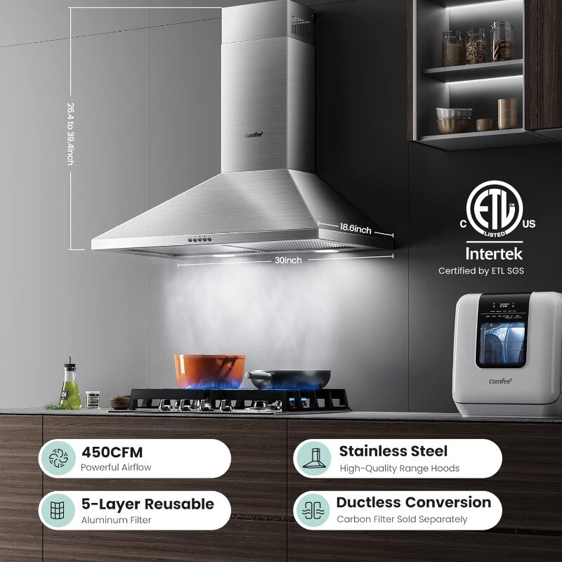 COMFEE' CVP30W6AST Ducted Pyramid Range 450 CFM Stainless Steel Wall Mount Vent Hood with 3 Speed Exhaust Fan