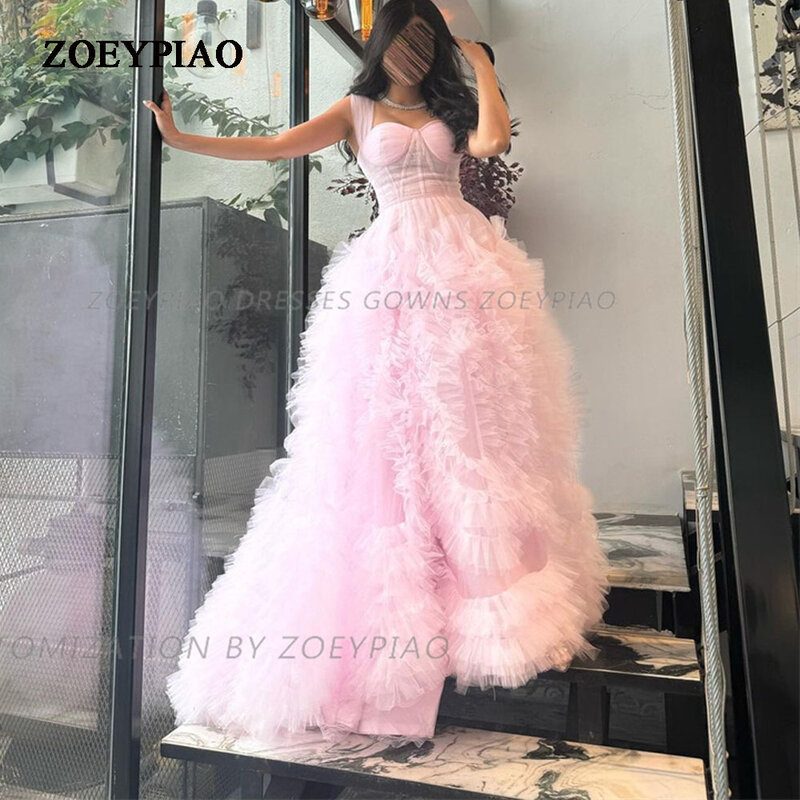 エレガントなピンクのプロムドレス,ロングドレス,地面の長さ,台形のチュールのボールガウン,セレブの衣装