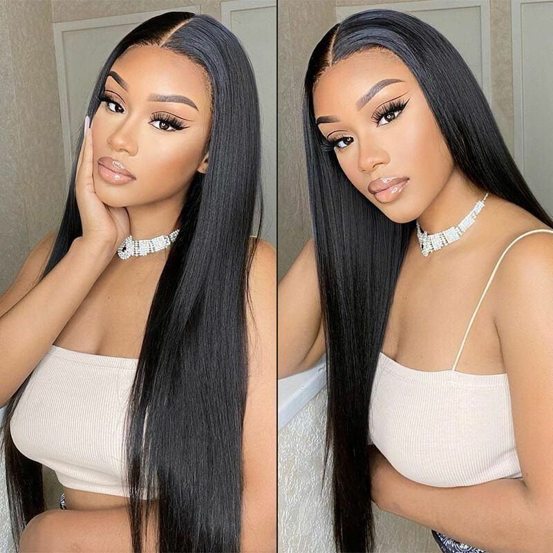 Black Straight Human Hair Lace Front Wig Natural Color Straight Lace Front Wig Brazilian Human Hair with Baby Hair 180% Density