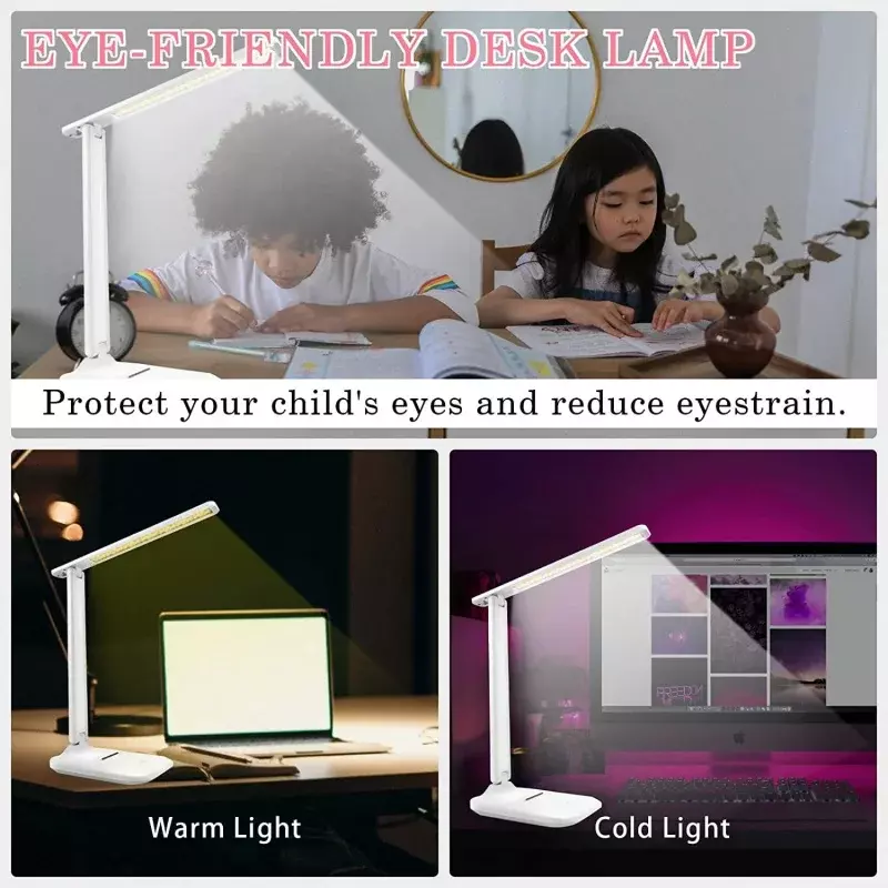 Wewdigi LED Schreibtisch lampe mit einstellbarer Helligkeit für Augenschutz, Touch-Steuerung, USB-Aufladung, weiß