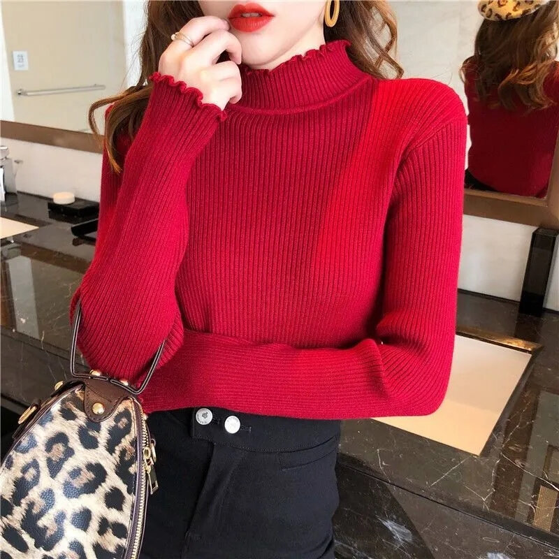 Woman Sweaters 2024 Autumn Winter Ribbed Knitted Sweater Women Pullover Mock Neck Long Sleeve Solid Casual Knitwear Tops Clothes