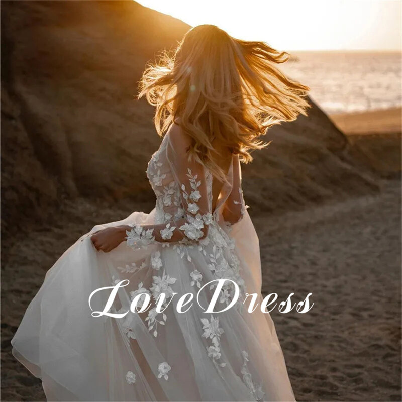 愛-レースアップリケチュールAラインウェディングドレス、長袖、深いVネック、背中の開いた、床の長さ、花嫁のガウン、エレガント