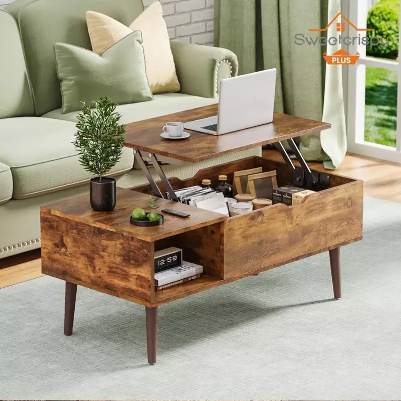 Coffee Table, Elevated Desktop Wooden Dining Table with Storage Rack and Hidden Compartments, Coffee Table