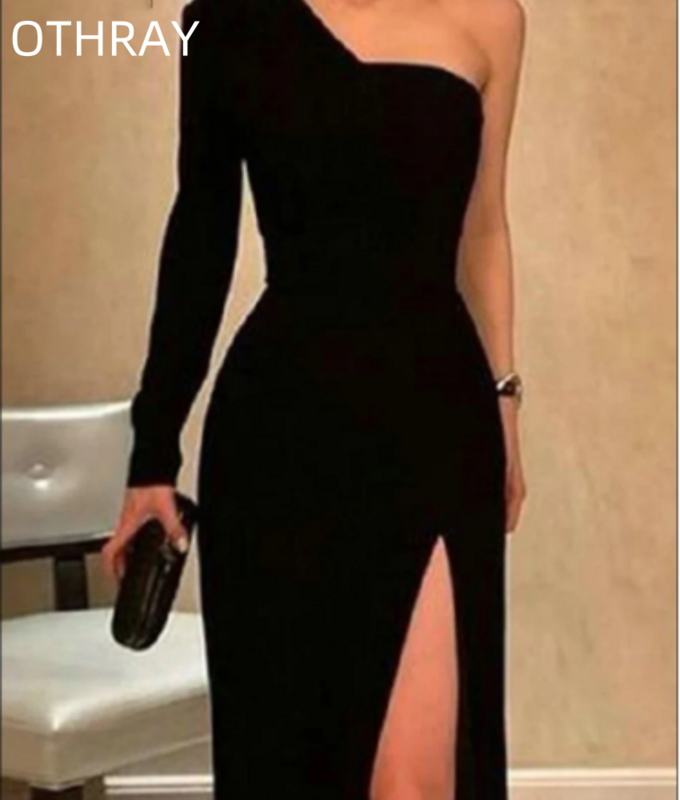 미니멀리스트 사이드 슬릿 손님용 이브닝 플로어 길이 원숄더 긴 소매 드레스, 섹시한 블랙 이브닝 드레스