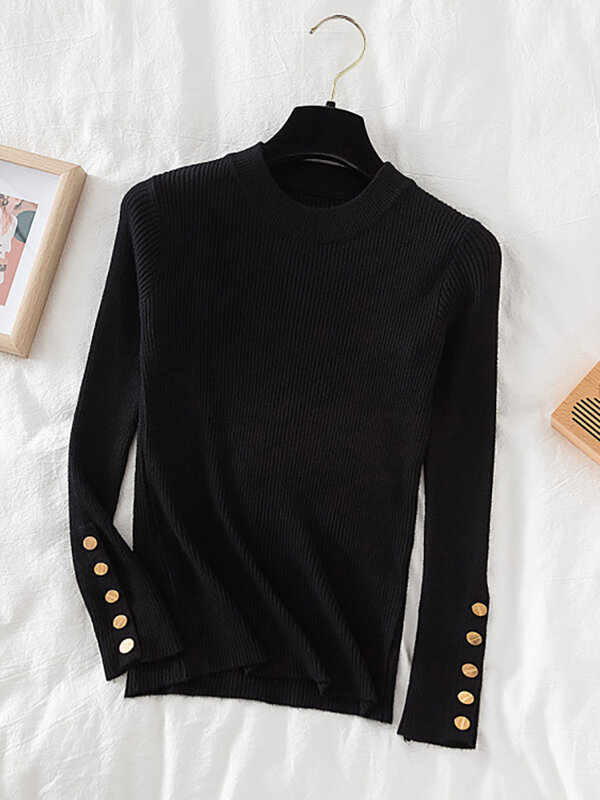 2024 women thick sweater pullovers khaki casual autumn winter button o-neck chic sweater female slim knit top soft jumper tops