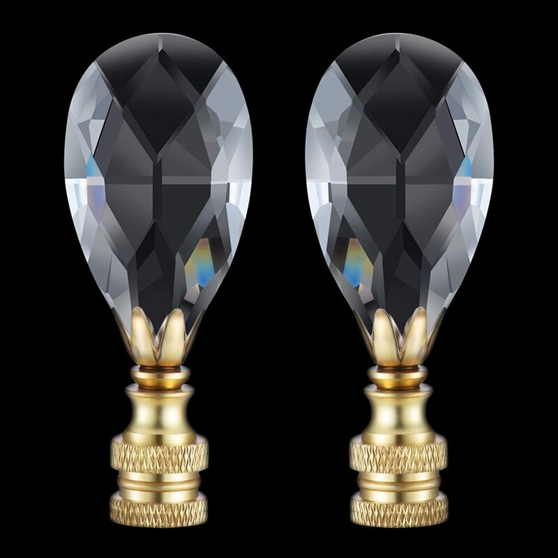 2 Packs Teardrop Clear Crystal Lamp Finial Lamp Decoration For Lamp Shade With Polished Brass Base, Clear, 2-3/4 Inches