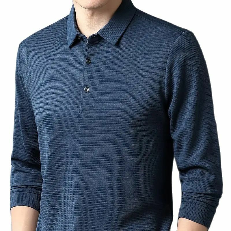 SHiONFA-T-shirt de waffle masculina, manga comprida, camisas polo casuais, gola virada para baixo confortável, monocromática, elástica, lazer, roupa de outono, 4XL