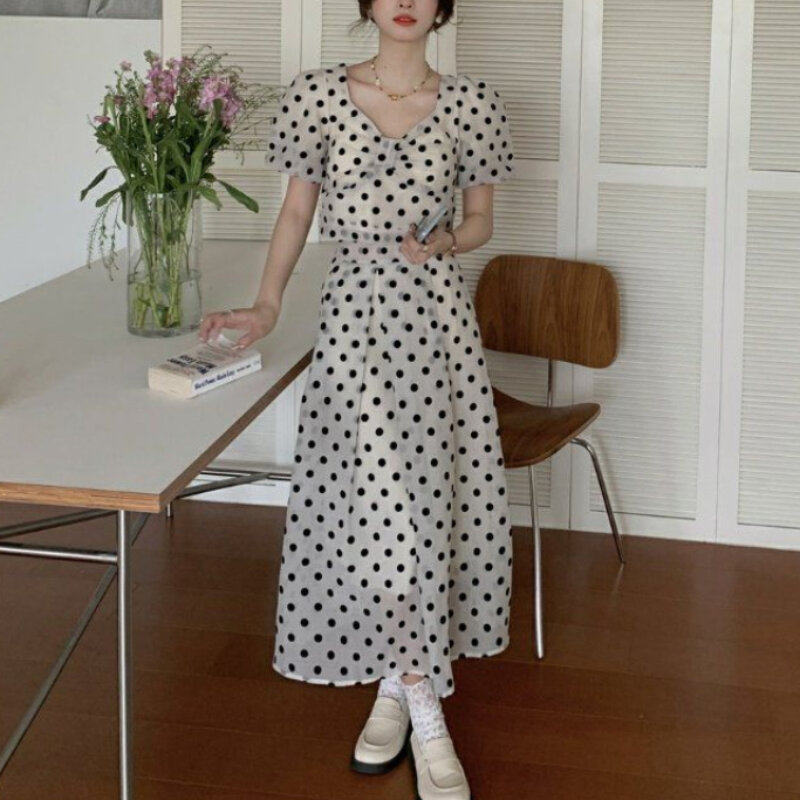 Set wanita Polka Dot atasan renda, rok bergaya Korea trendi Vintage netral musim panas modis