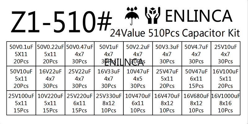 510 sztuk/partia 24 wartości 10V/16V/25V/50V (0.1uF ~ 1000uF) kondensatory elektrolityczne różne kondensatory asortyment próbek zestawy elektroniczne