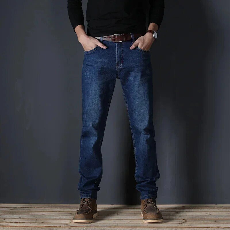 Celana panjang Jeans lurus ukuran besar pria, celana panjang Denim elastis ramping klasik besar melar, biru muda longgar 48 46 44 untuk pria