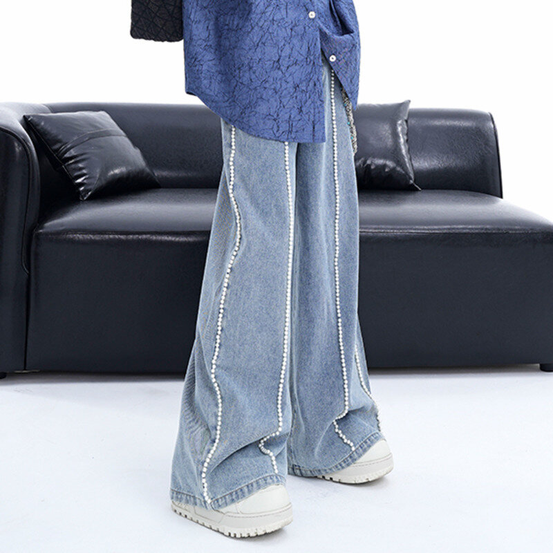 FEWQ High Street Men's Jeans Summer New Niche Design Pearl American Style Loose Wide Leg Pants Denim Summer 2024 Tide 24X9098
