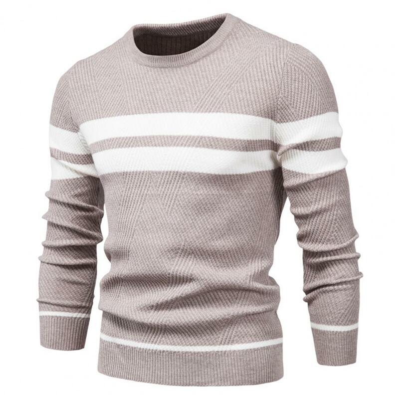 Men Spring Sweater Knitting Long Sleeve Round Neck Stripe Print Pullover Keep Warm Elastic Anti-pilling Men Sweater Men Clothing