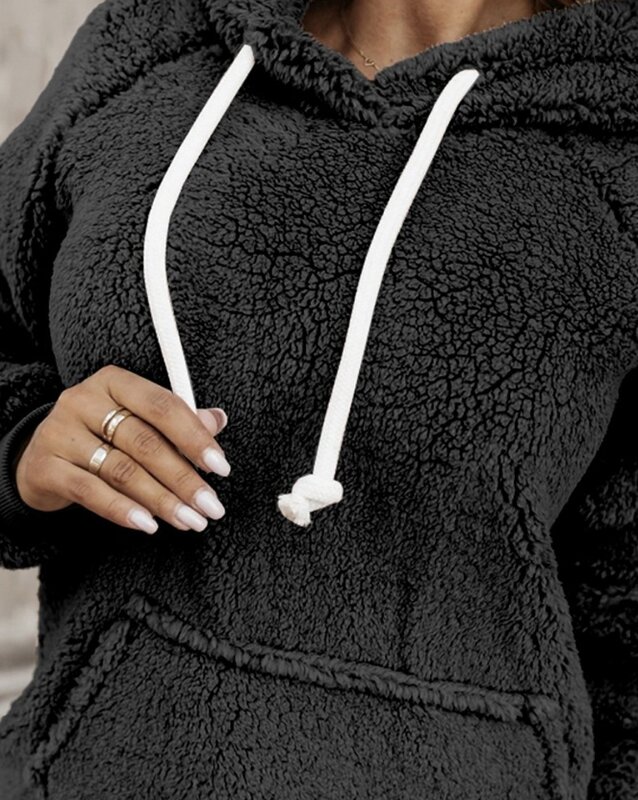 2023 Autumn Winter Spring New Fashion Casual Pocket Design Drawstring Teddy Hoodie Pullover Tops Female Clothing Outfits