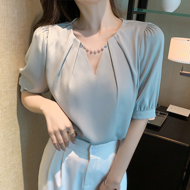여성 브이넥 반팔 쉬폰 셔츠, 루즈핏 슬림핏 상의, 한국 패션, 다용도 패션, 2024 여름 신상