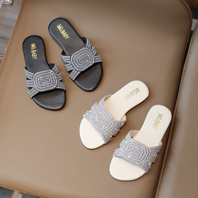 PU Leather Princess Sandals para meninas, chinelos infantis, strass Flats, sapatos de verão