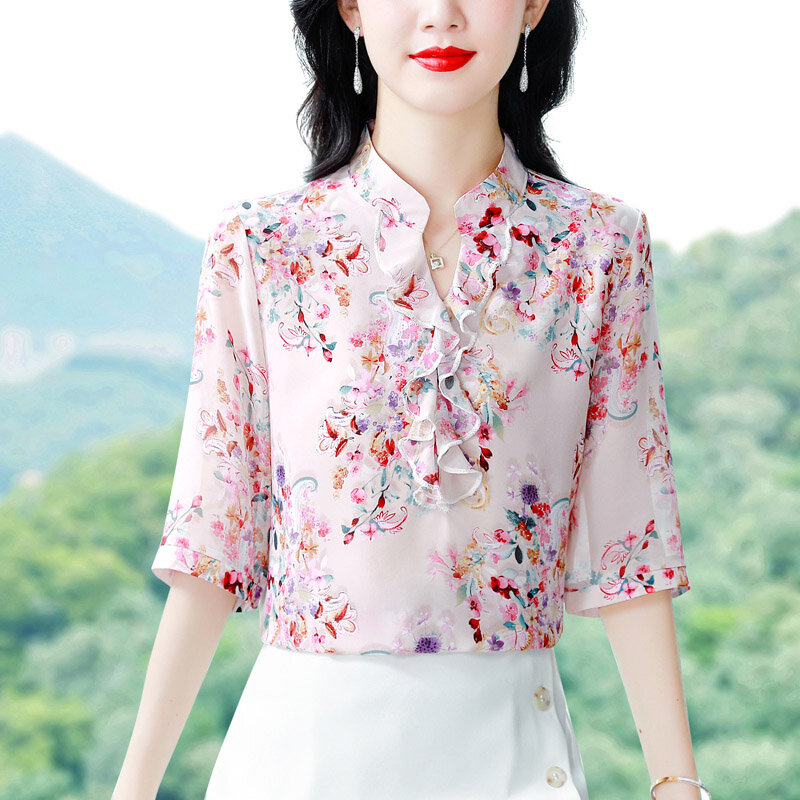 Odzież damska Elegancka moda Bluzki z krótkim rękawem z falbankami Lato Casual Luźna szyfonowa koszula z kwiatowym nadrukiem Biuro Lady Szykowne topy