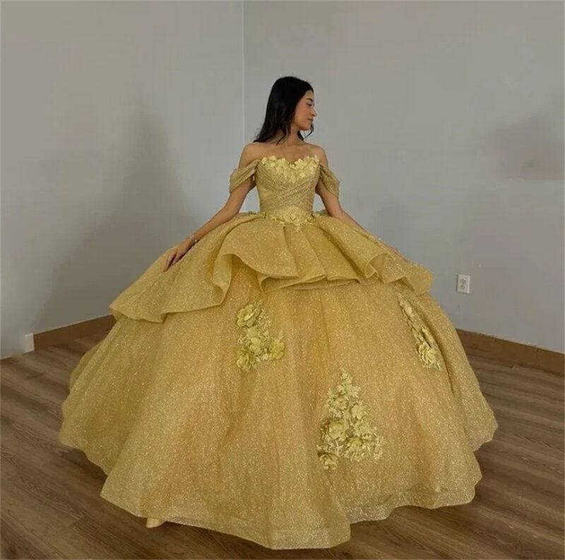 Chic Sparkly Champagne Quinceanera Dresses Off Shoulder Pearls Glitter Appliques Crystals Evening Dress فساتين للحفلات الراقصة