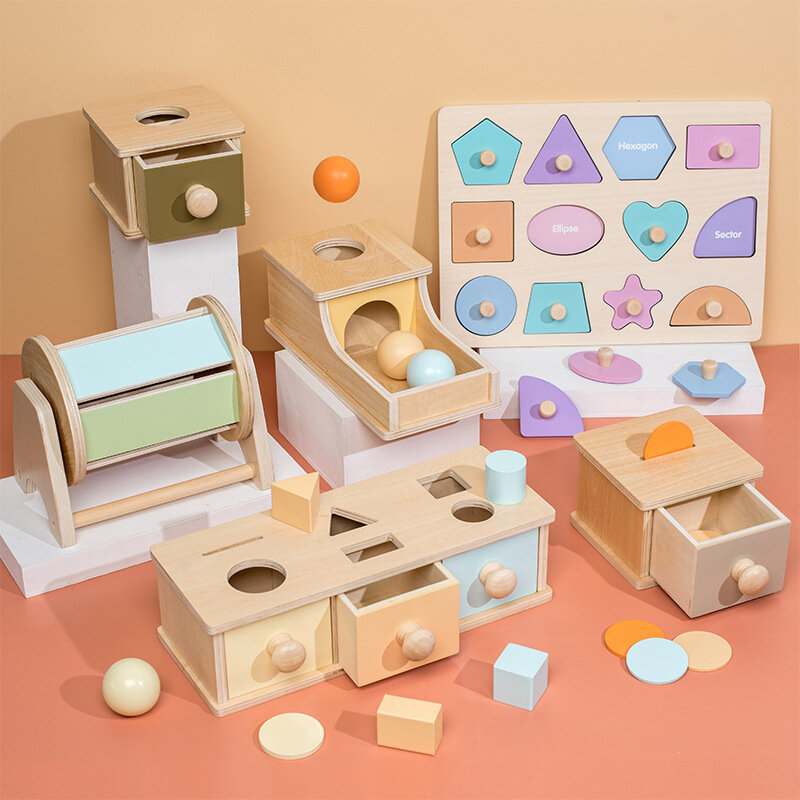 Caja de madera Montessori para niños, caja de monedas de desarrollo intelectual temprano, rompecabezas Montessori, objetos preescolares