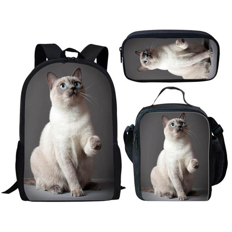 Harajuku Novelty Funny Cat 3pcs/Set Backpack 3D Print School Student Bookbag Anime Laptop Daypack Lunch Bag Pencil Case