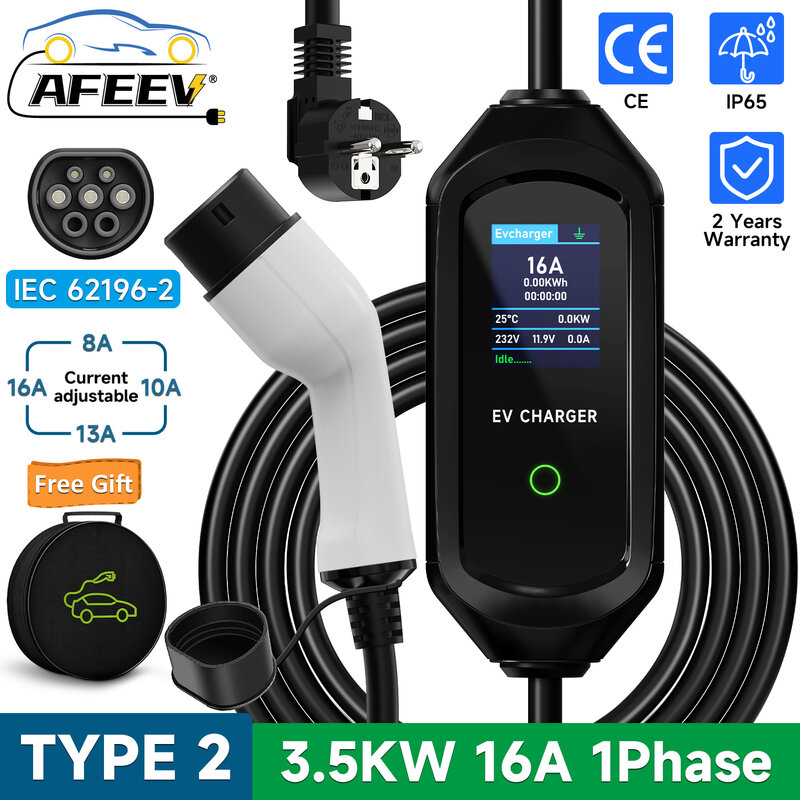 Afeev-電気自動車用のポータブルev充電器、高速充電、壁ボックス充電ステーション、タイプ2、IEC62196-2、3.5kw、16a、1相