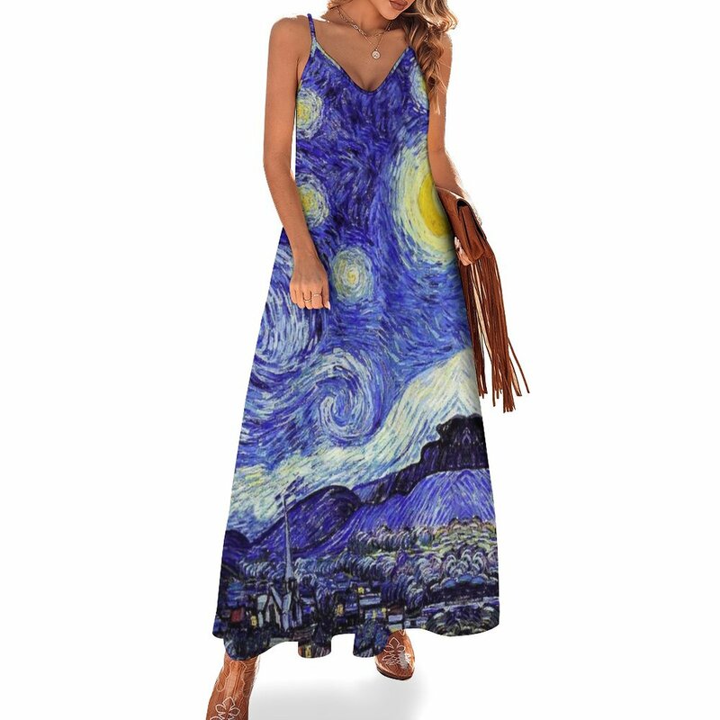 A Starry Night Inspiration 여성용 민소매 이브닝 드레스, 반 고흐 제품