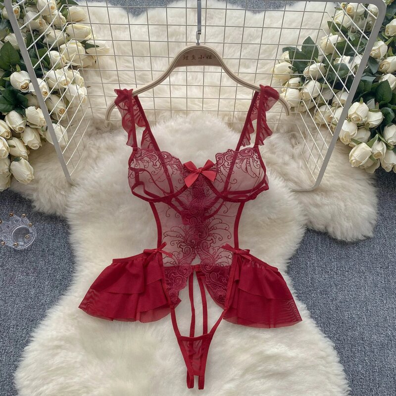 Women Sexy Transparent Mesh Strappy Bodysuits Erotic Backless Catsuits Hollow One Piece Floral Lace Combination Rompers