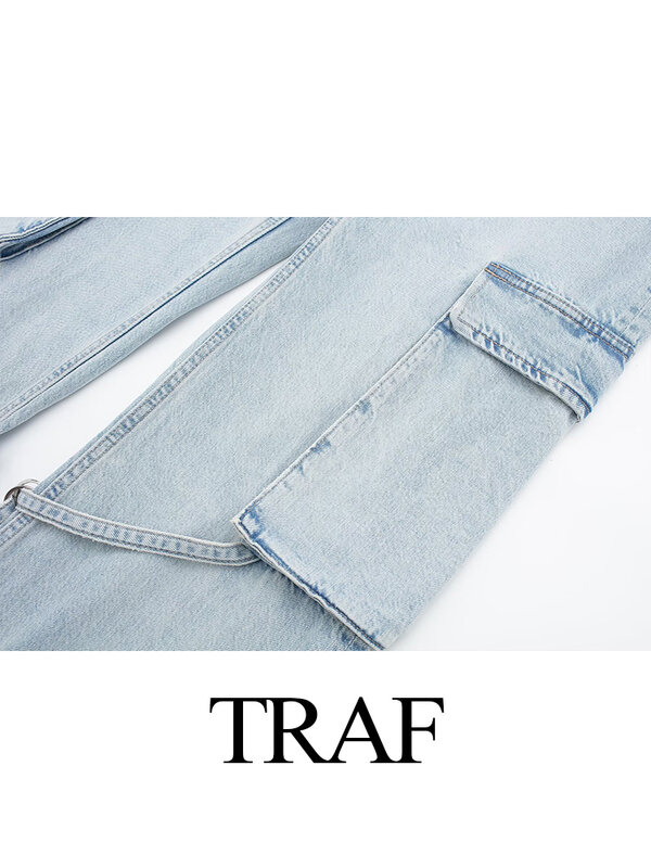 TRAF-Women's Casual Lace Up واسع الساق فضفاض جينز مع جيب ، فضفاض مستقيم السراويل ، بنطلون أنثى ، سيدة ، مكتب ، موضة جديدة ، 2023