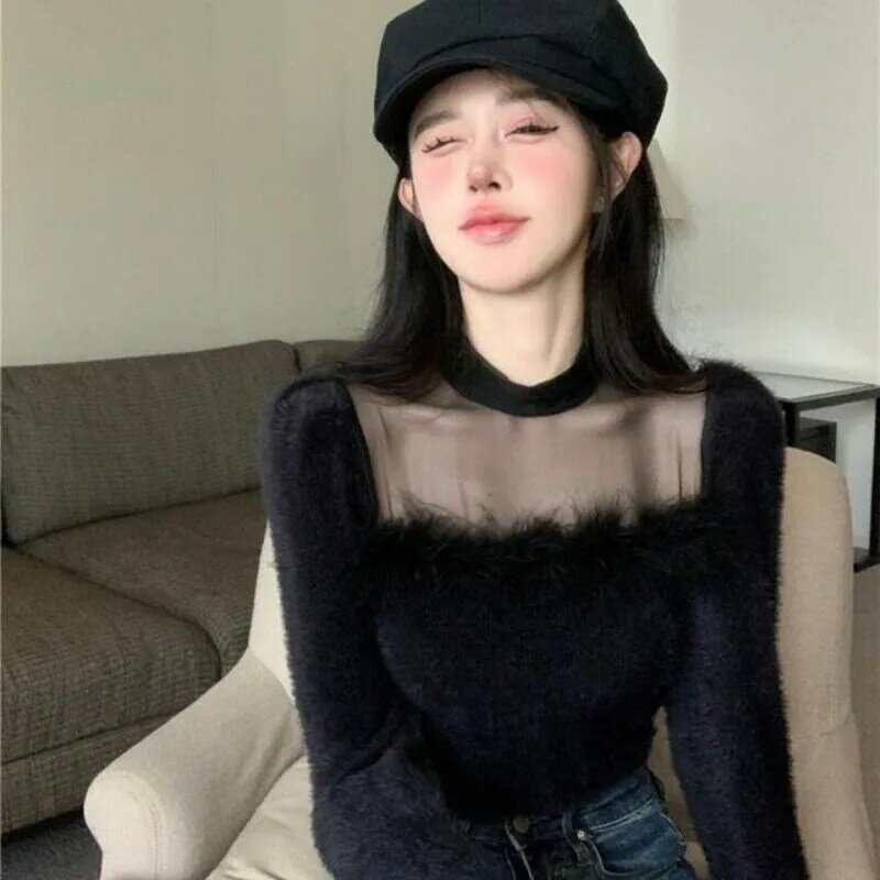 French High Patchwork Woolen Mesh Top Women Korean Half High Collar Fashion Soft Sweet Spicy Solid Slim Autumn Bottom Shirt