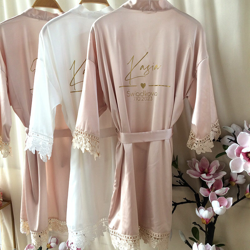 Индивидуализированная летняя кружевная Пижама, Свадебный халат для невесты и подружки невесты, персонализированное платье, шелковый халат-кимоно цвета шампанского, атласное Ночное платье