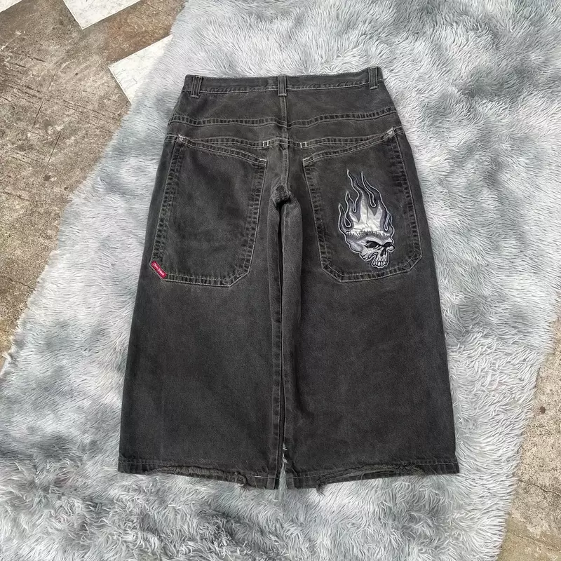 Hip Hop Gothic JNCO Jeans Streetwear Retro płomień wzór czaszki haftowane luźne dżinsy w stylu Harajuku męskie damskie spodnie szerokie spodnie