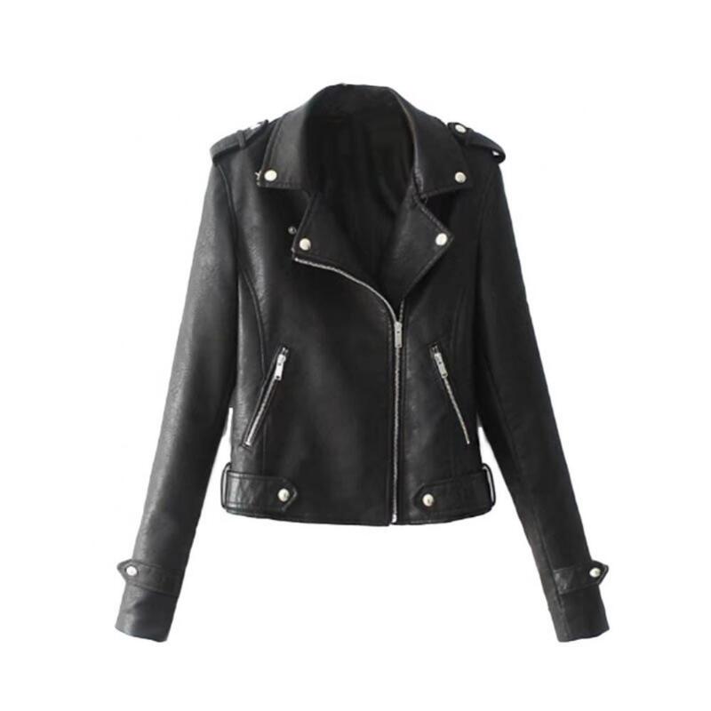 Женская мотоциклетная куртка на молнии, однотонная куртка из искусственной кожи с длинным рукавом и отложным воротником