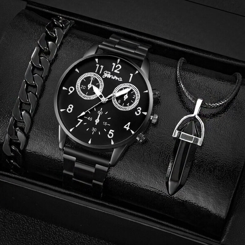 남성용 비즈니스 패션 시계, 캐주얼 블랙 팔찌 펜던트 목걸이, 스테인레스 스틸 쿼츠 시계, 3 개 세트