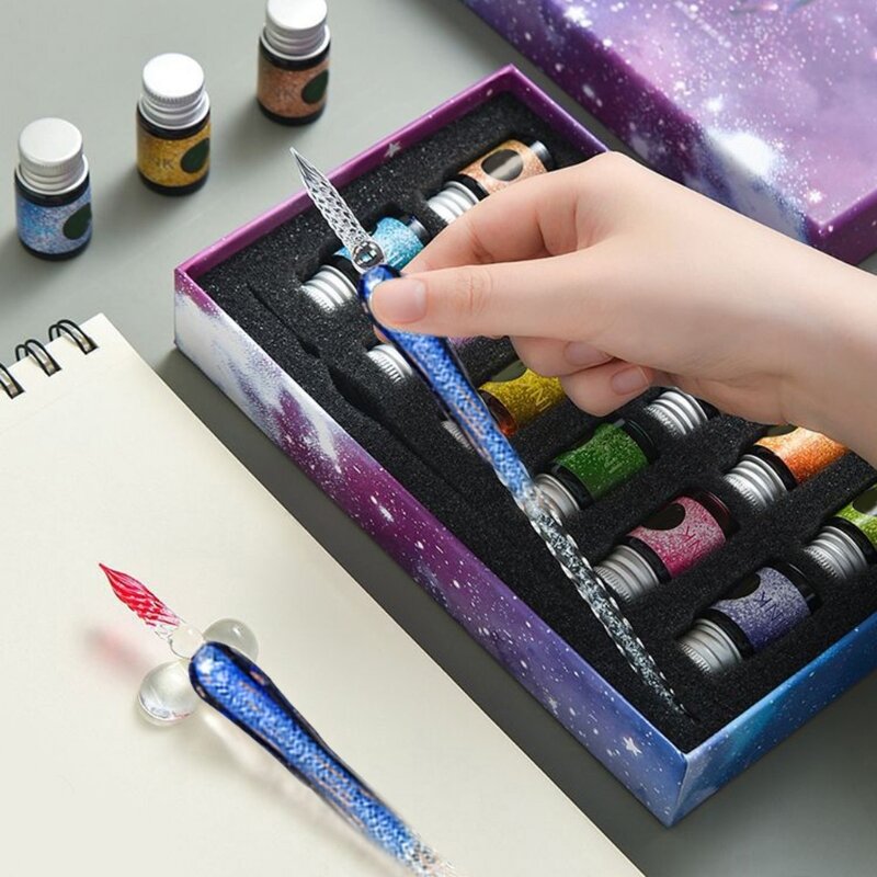 빈티지 유리 딥 펜 휴일 선물 아티스트 화가 교사 QXNF를위한 색 잉크로 설정된 수제 그라디언트 서예 펜