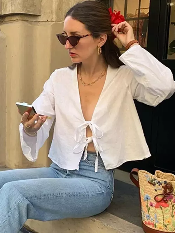 Casual Lace Up Bow Shirts for Women Hollow Out YK2 V Neck Long Flare Sleeve Blouses Tops Spring New Lady Commuting Streetwear