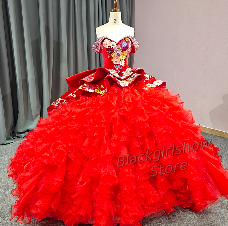Wedding Dress Vestidos De 15 años 2024 Red Sheath Luxurious Elegant Embroidery Ruffle Lace Wedding Dress فساتين Quinceanera