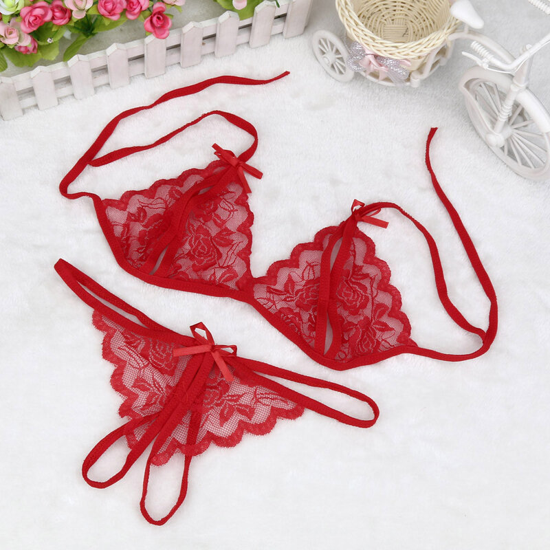 Sexy Open Crotch Thong Lingerie Set Lace Floral Crotchless Lingerie For Women Erotic See Through Underwear Set Sleepwear