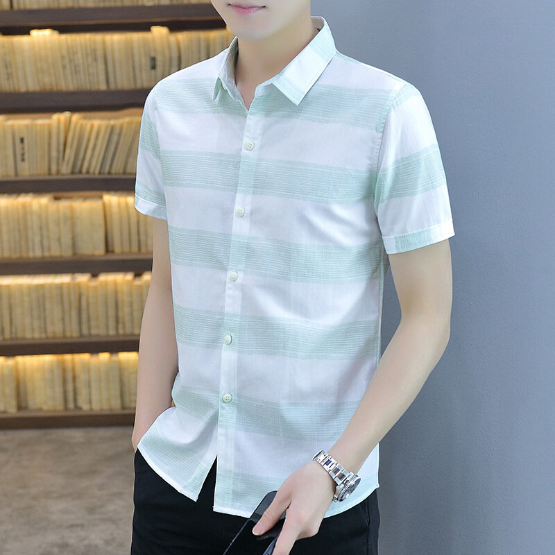 2023 Men's New Short-Sleeved Summer Trendy Handsome Shirt Youth Slim Plaid Shirt