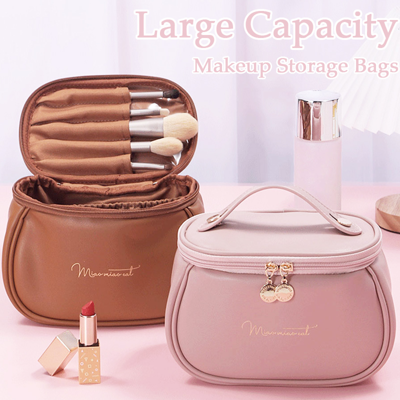 Large Capacity Leather Cosmetic Bags Portable Travel Storage Bag for Women Makeup Organizer Storage Pouch Bathroom Wash Bag